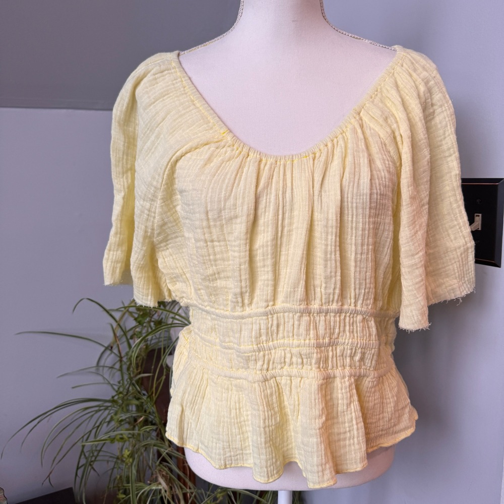 Anaak Pale Butter Yellow 100% Cotton Gauze Peplum Top Size 2 Medium Short Sleeve